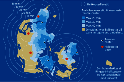 Stützpunkte und Flugzeiten der vier Rettungshubschrauber in Dänemark